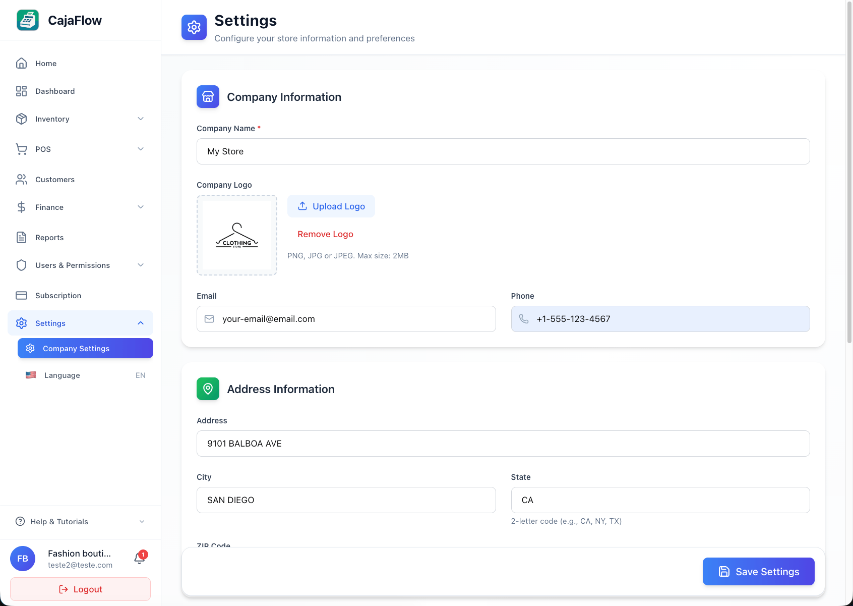 CajaFlow company setup screen