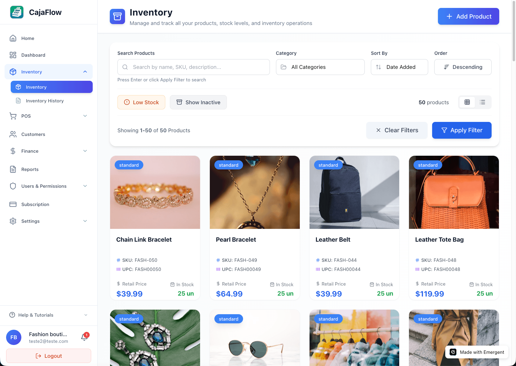 Inventory management interface in CajaFlow
